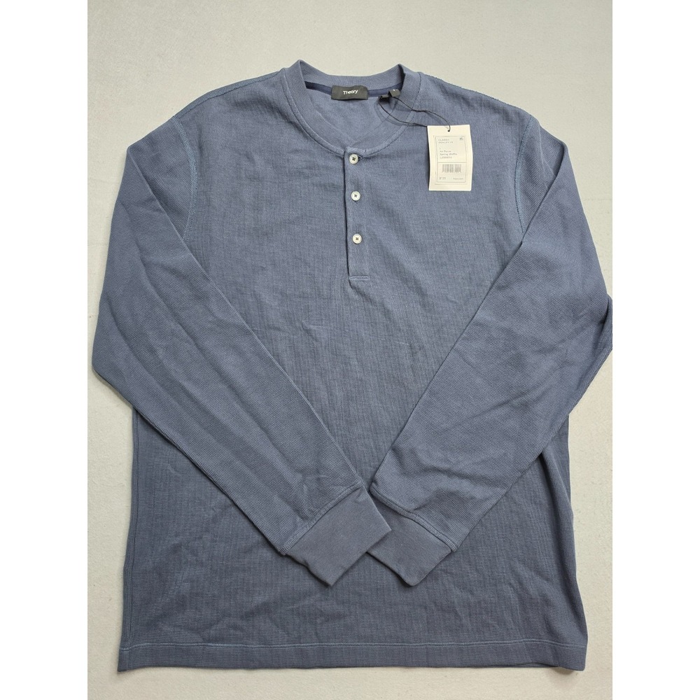 Theory Essential Henley Shirt Men Large Blue Classic Waffle Knit Long Sleeve NWT